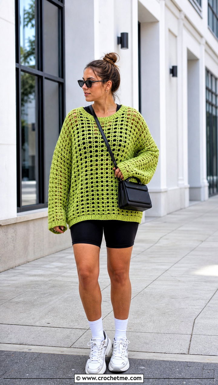 Drop Shoulder Crochet Sweater With Biker Shorts - 30 cool crochet sweater outfit ideas
