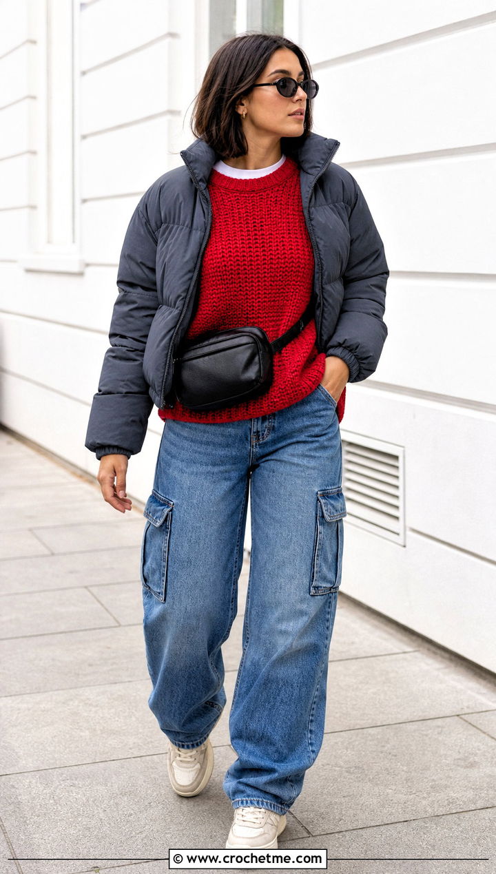 Drop Shoulder Crochet Sweater With Cargo Jeans - 30 winter crochet sweater outfit ideas