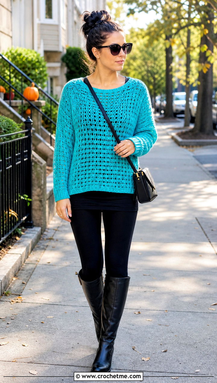 Drop Shoulder Crochet Sweater With Leggings - 30 crochet sweater inspiration outfit ideas