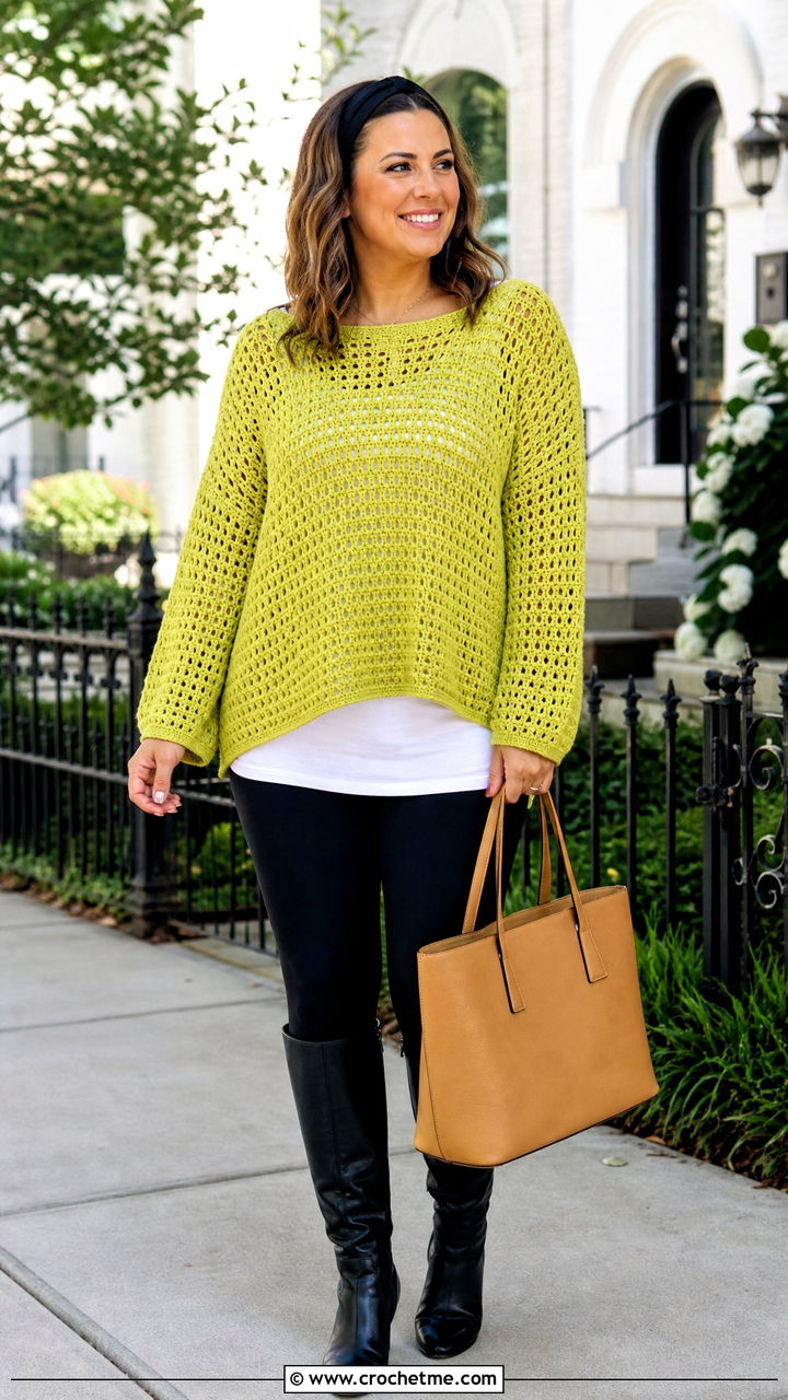 Drop Shoulder Crochet Sweater With Leggings - 35 crochet loose sweater outfit ideas