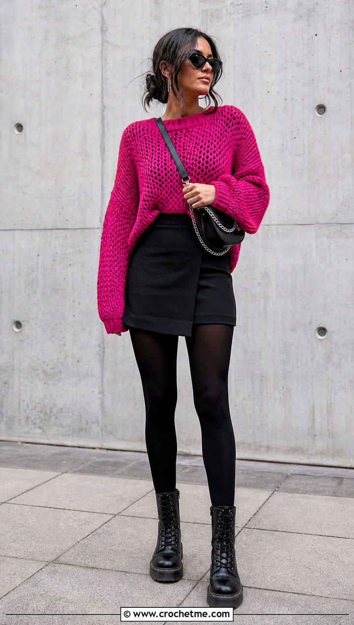 Drop Shoulder Crochet Sweater With Mini Skirt And Tights - 25 Basic Crochet Sweater outfit ideas
