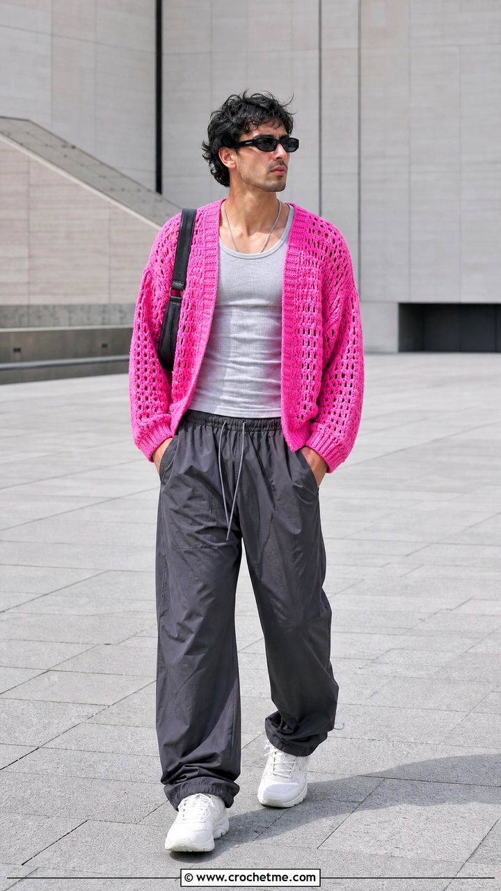 Drop Shoulder Crochet Sweater With Parachute Pants - 35 men crochet sweater outfit ideas