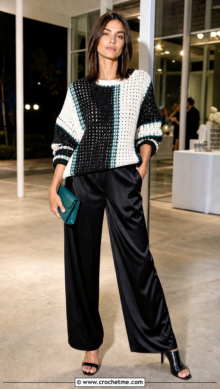Drop Shoulder Crochet Sweater With Satin Pants - 35 black and white crochet sweater outfit ideas