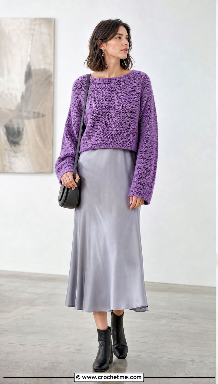 Drop Shoulder Crochet Sweater With Slip Dress - 15 Crochet Comfy Sweater outfit ideas