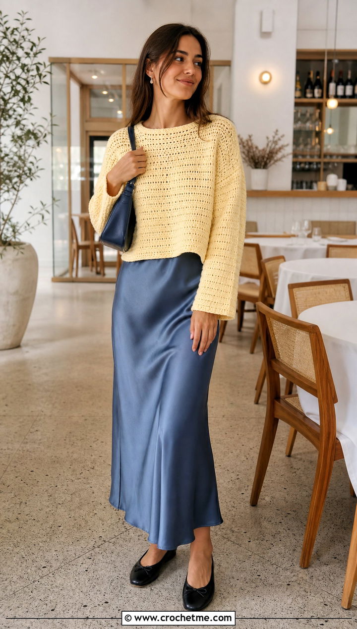 Drop Shoulder Crochet Sweater With Slip Dress - 25 handmade crochet sweater outfit ideas