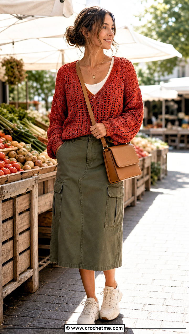 Drop Shoulder Crochet Sweater With Utility Skirt - 35 cute crochet sweater outfit ideas