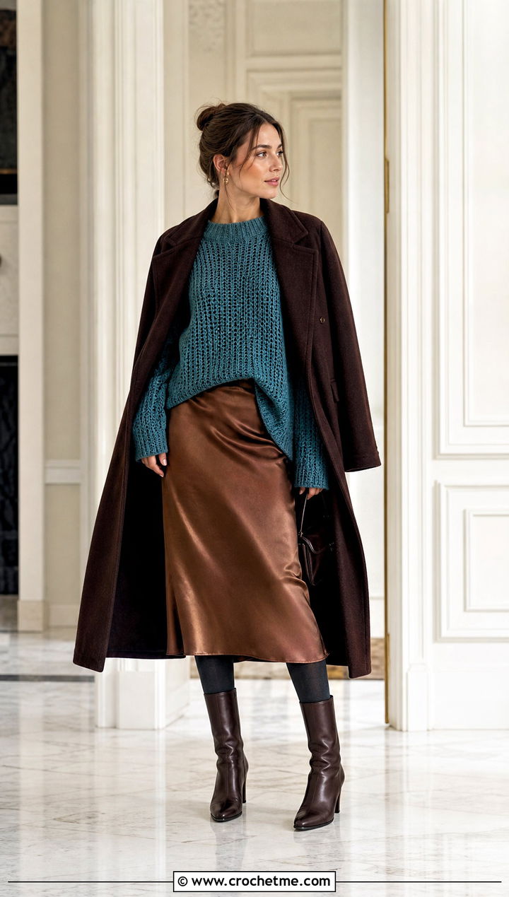 Drop Shoulder Crochet Sweater With a Slip Dress - 30 crochet winter sweater outfit ideas