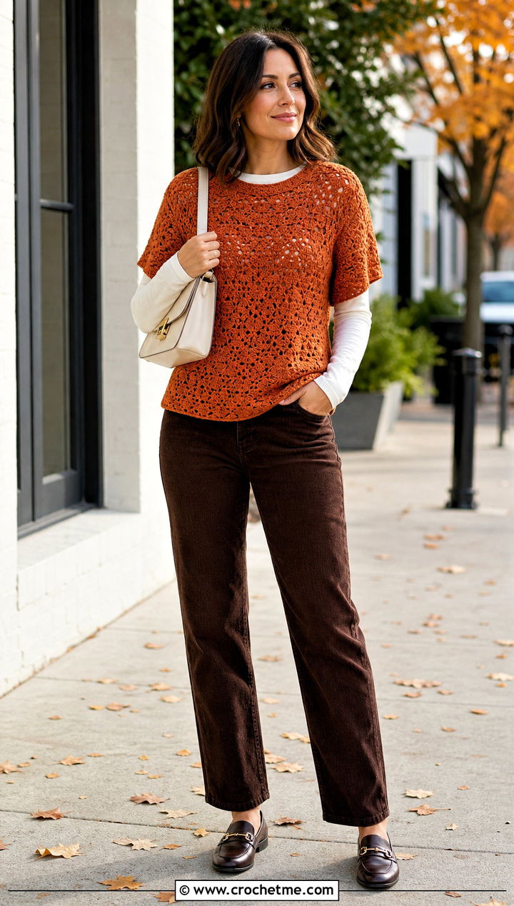 Drop Shoulder Crochet Tee With Corduroy Pants - 35 crochet tee shirt outfit ideas
