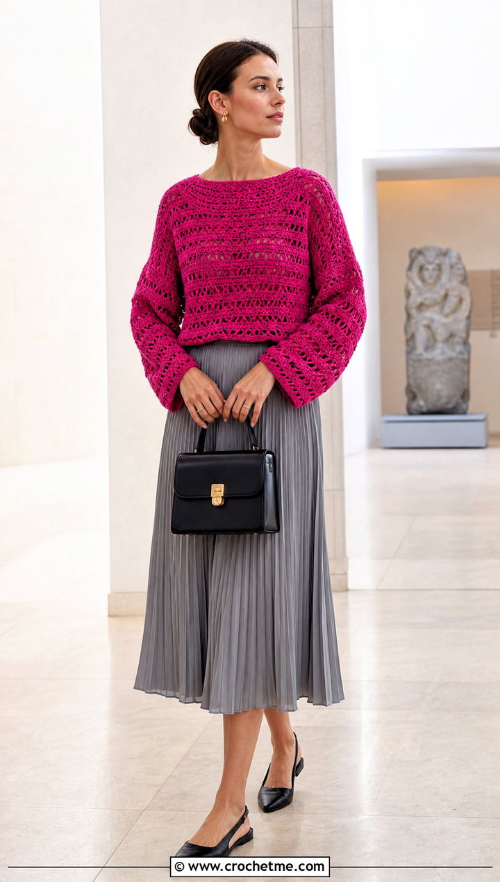 Drop Shoulder Crochet Top With Pleated Midi Skirt - 35 crochet top sleeves outfit ideas