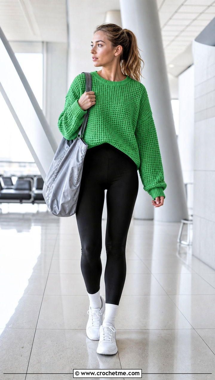 Drop Shoulder Crochet Waffle Sweater With Leggings - 15 Crochet Waffle Sweater outfit ideas