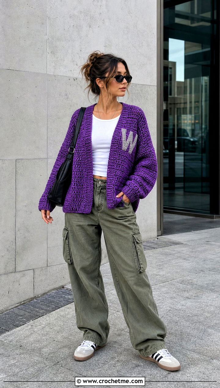 Drop Shoulder Crochet Weasley Sweater With Cargo Pants - 35 crochet weasley sweater outfit ideas