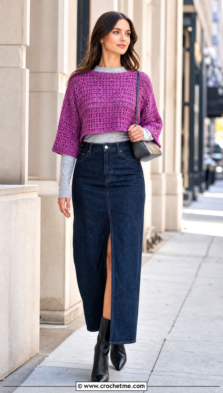 Drop Shoulder Cropped Crochet Sweater With Denim Maxi Skirt - 35 cropped crochet sweater outfit ideas
