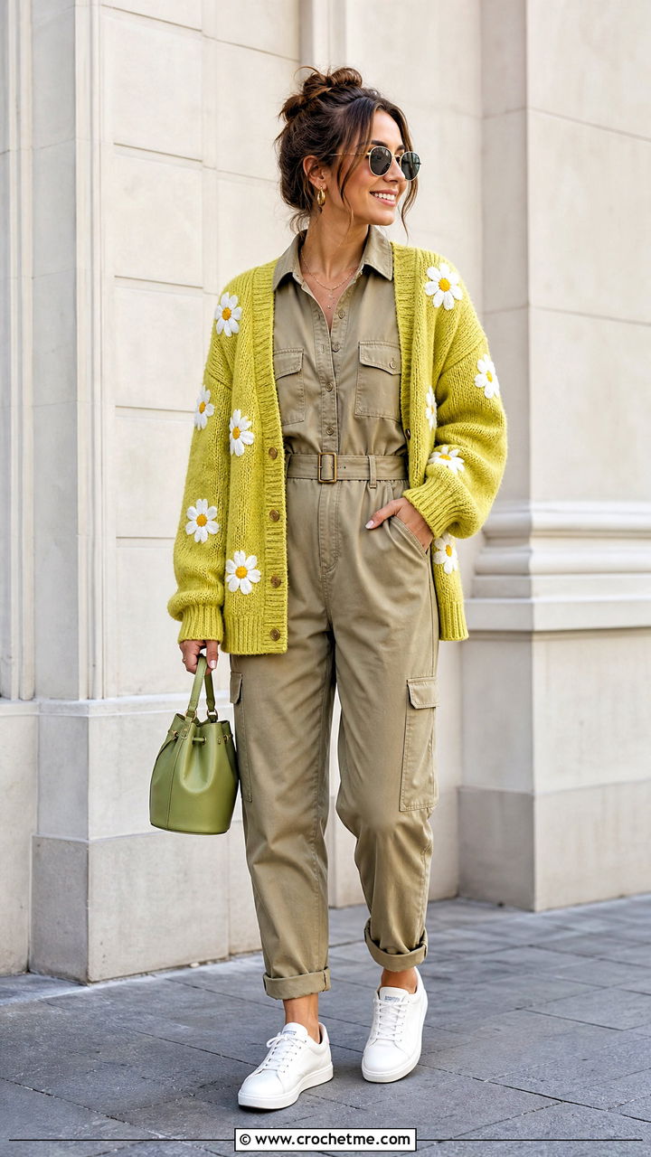 Drop Shoulder Daisy Cardigan With Utility Jumpsuit - 35 Crochet Daisy Cardigan outfit ideas