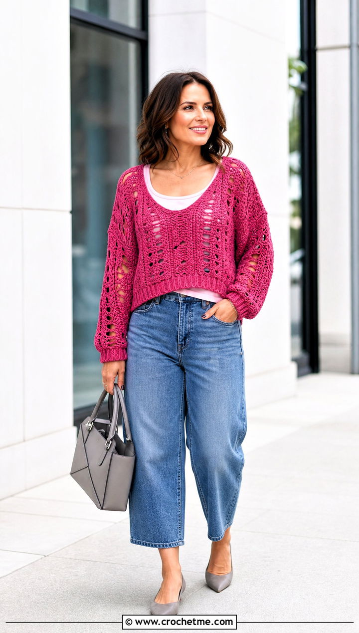 Drop Shoulder Distressed Crochet Sweater With Barrel Jeans - 35 distressed crochet sweater outfit ideas