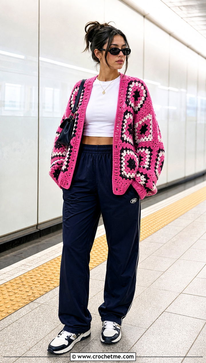 Drop Shoulder Giant Granny Square Cardigan With Track Pants - 35 giant granny square cardigan outfit ideas