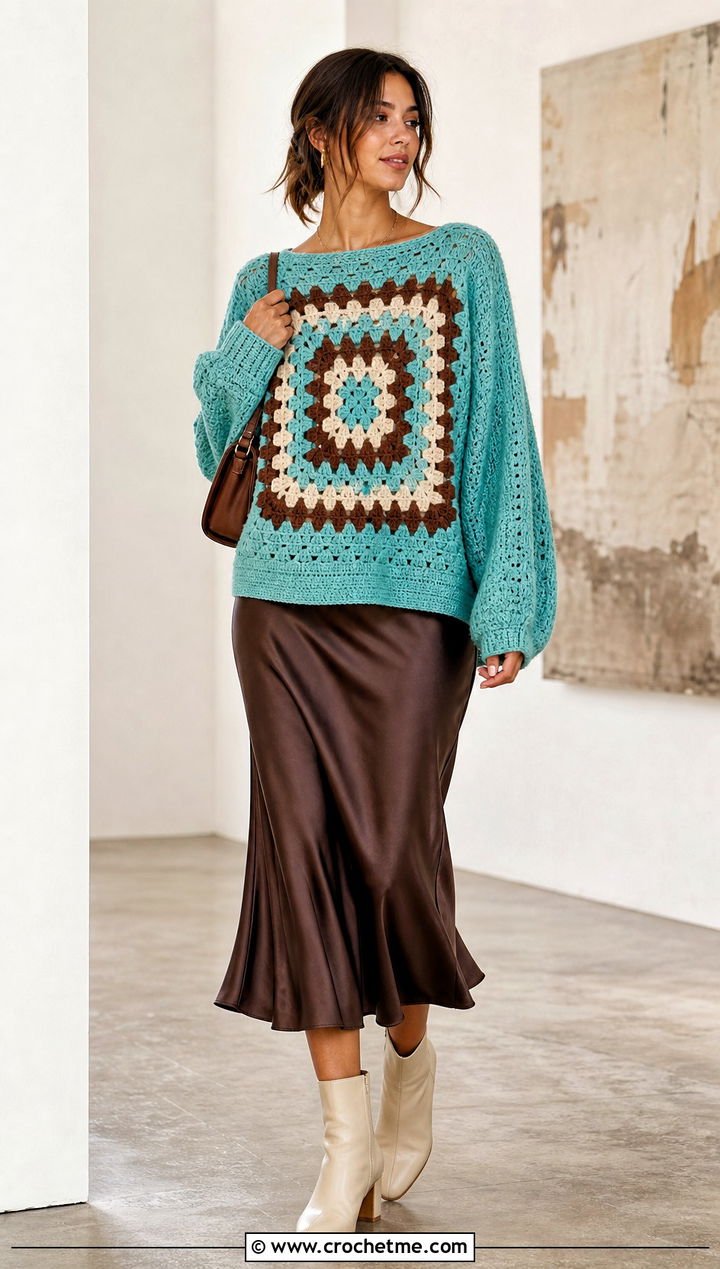 Drop Shoulder Giant Granny Square Sweater Over Slip Dress - 30 giant granny square sweater outfit ideas