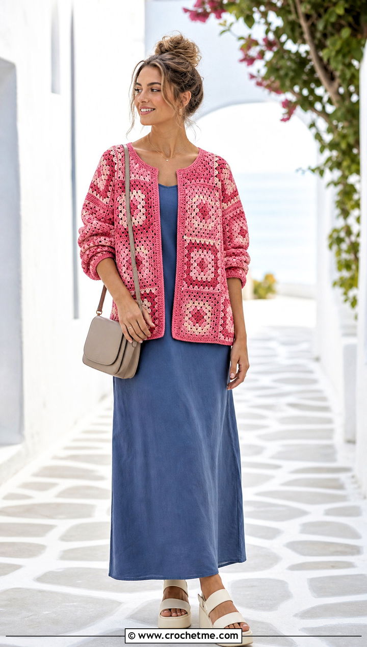 Drop Shoulder Granny Square Jacket With Maxi Dress - 30 crochet granny square jacket outfit ideas