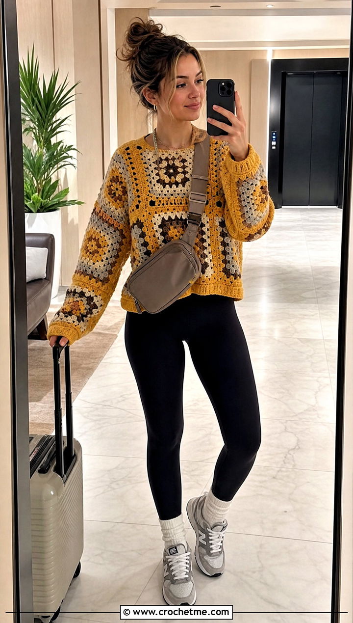 Drop Shoulder Granny Square Jumper With Leggings And Sneakers - 35 granny square jumper outfit ideas