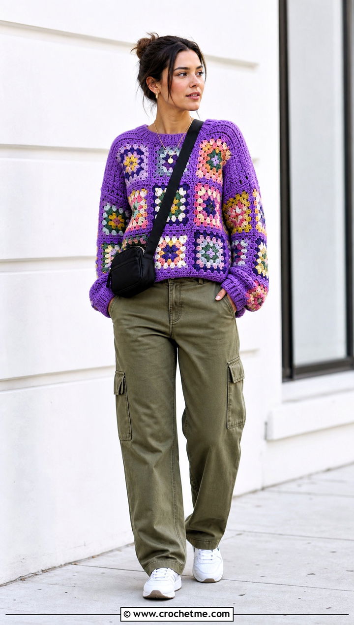Drop Shoulder Granny Square Pullover Sweater With Cargo Pants - 35 Granny Square Pullover Sweater outfit ideas