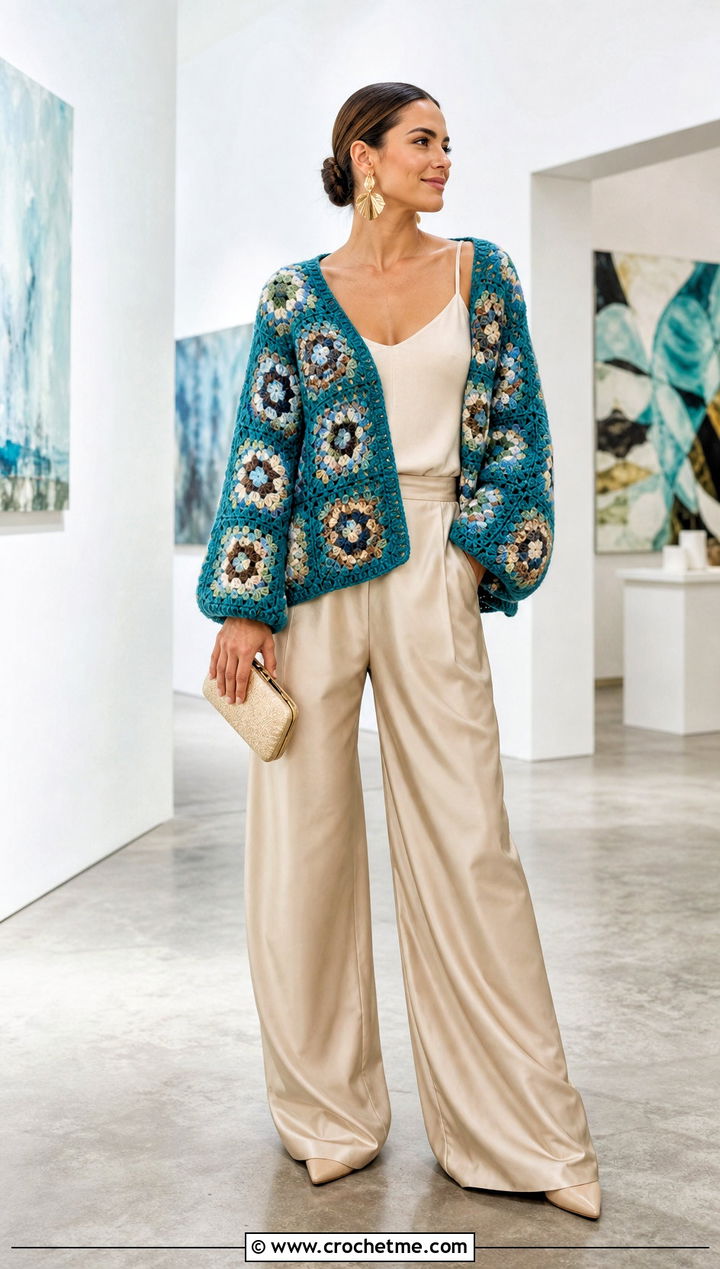 Drop Shoulder Granny Square Pullover Sweater With Satin Pants - 25 crochet granny square pullover sweater outfit ideas