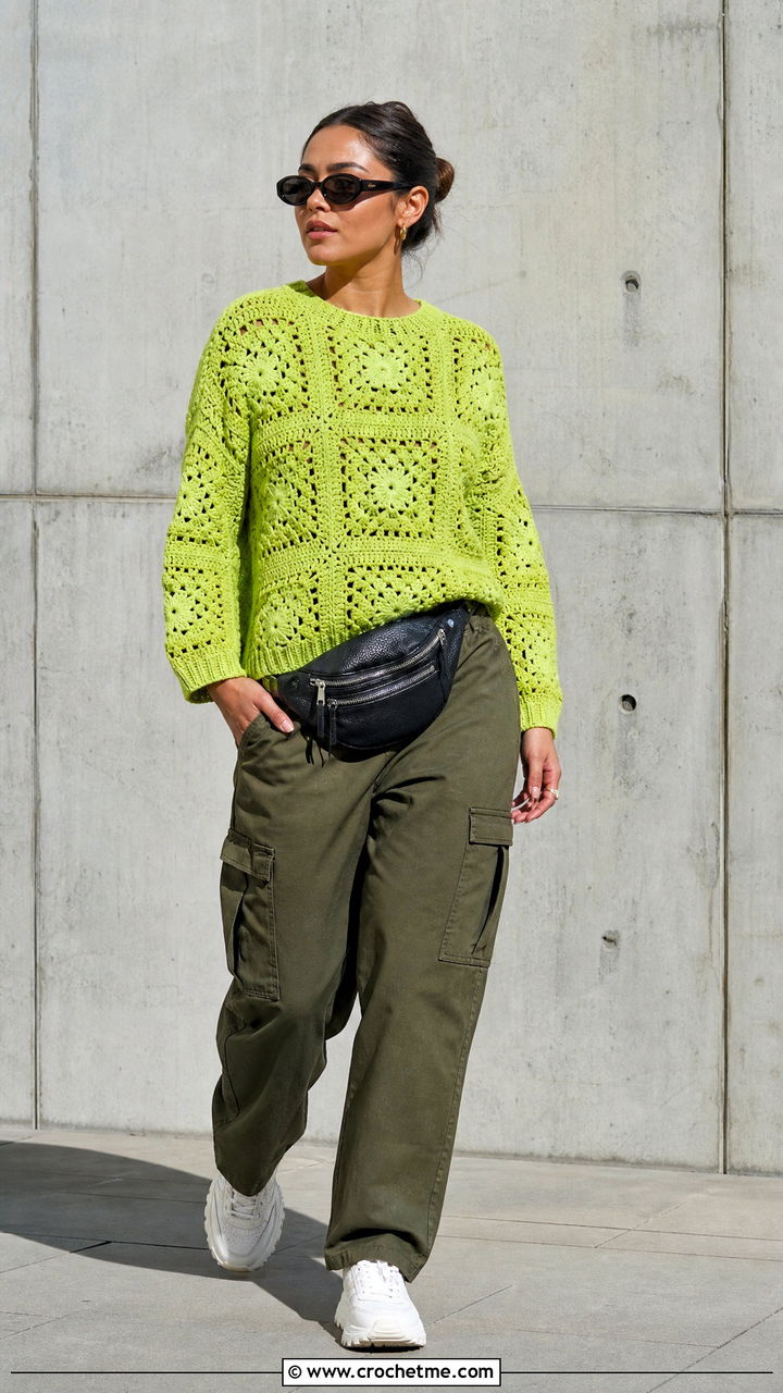 Drop Shoulder Granny Square Pullover With Cargo Pants - 35 granny square pullover outfit ideas