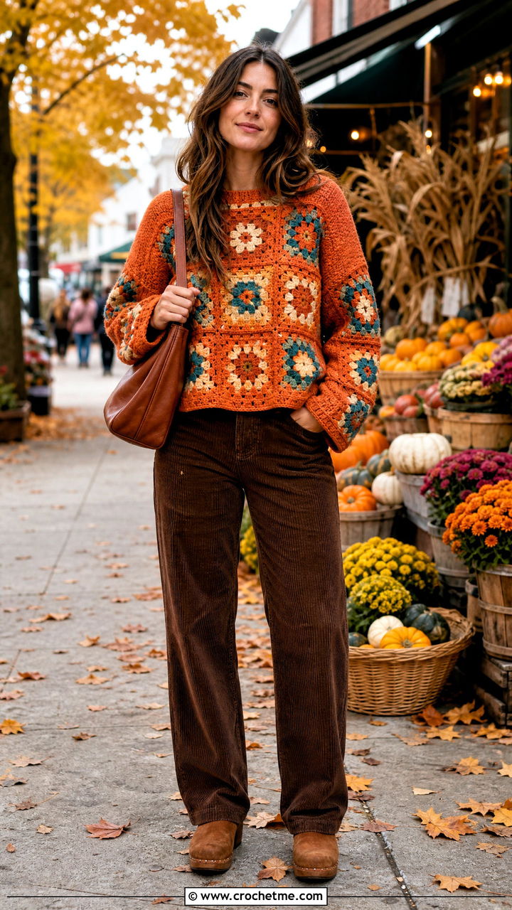 Drop Shoulder Granny Square Pullover With Corduroy Pants - 35 crochet granny square pullover outfit ideas