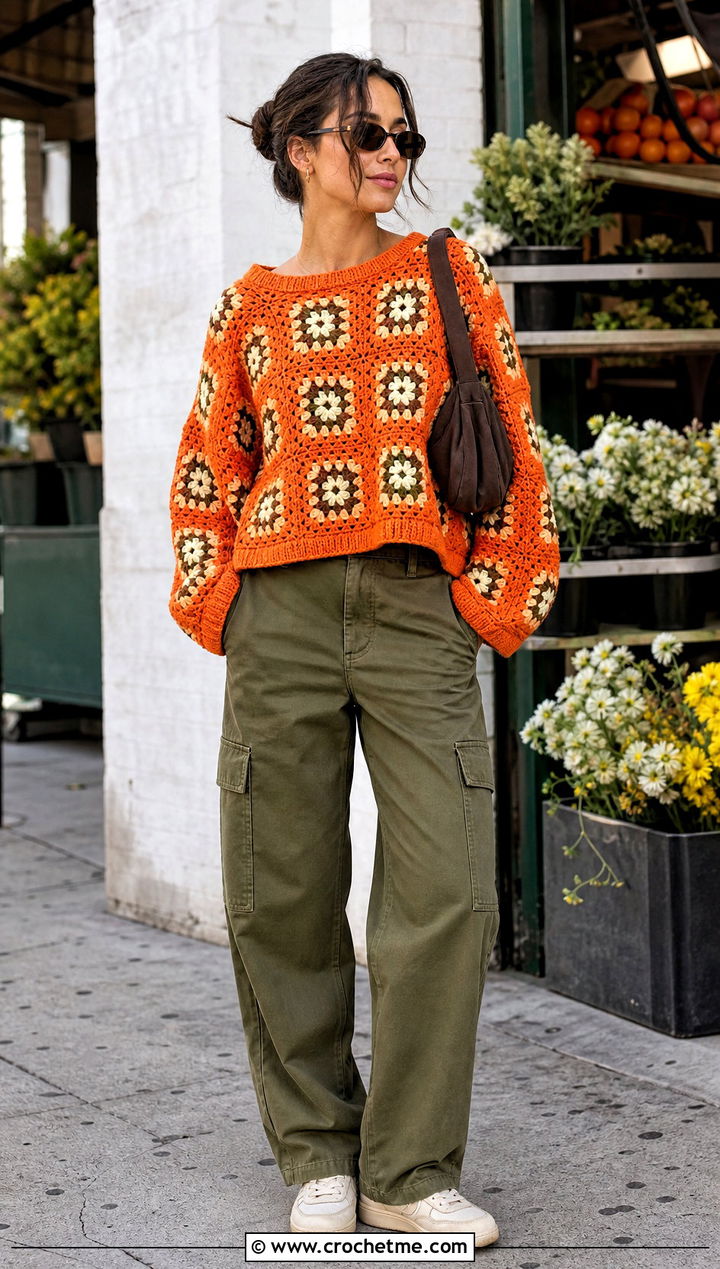 Drop Shoulder Granny Square Sweater With Cargo Pants - 35 Crochet Square Sweater outfit ideas