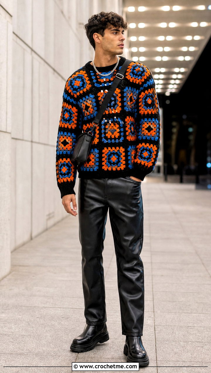 Drop Shoulder Granny Square Sweater With Leather Pants - 25 Crochet Granny Square Sweater For Men outfit ideas