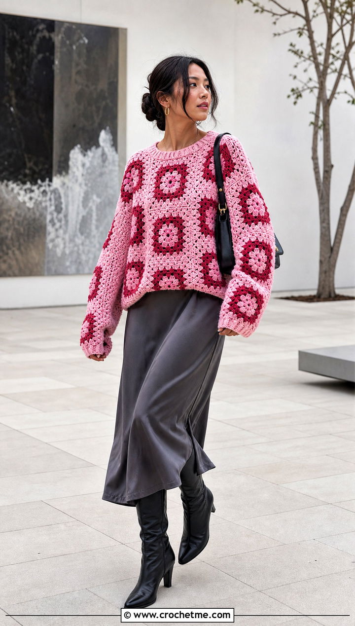 Drop Shoulder Granny Square Sweater With Slip Dress - 25 Fall Granny Square Sweater outfit ideas