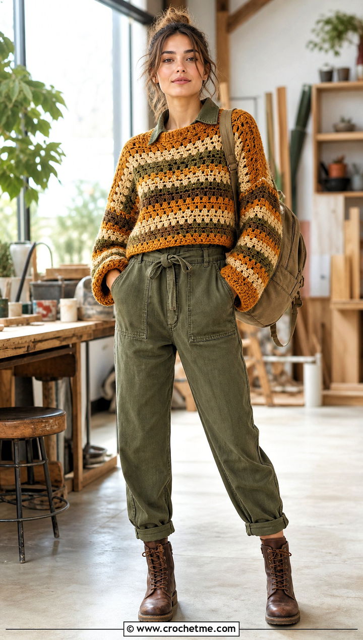Drop Shoulder Granny Stripe Crochet Sweater With Utility Jumpsuit - 25 Granny Stripe Crochet Sweater outfit ideas