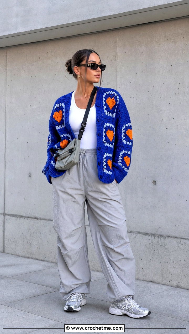 Drop Shoulder Heart Granny Square Cardigan With Parachute Pants - 35 Heart Granny Square Cardigan outfit ideas