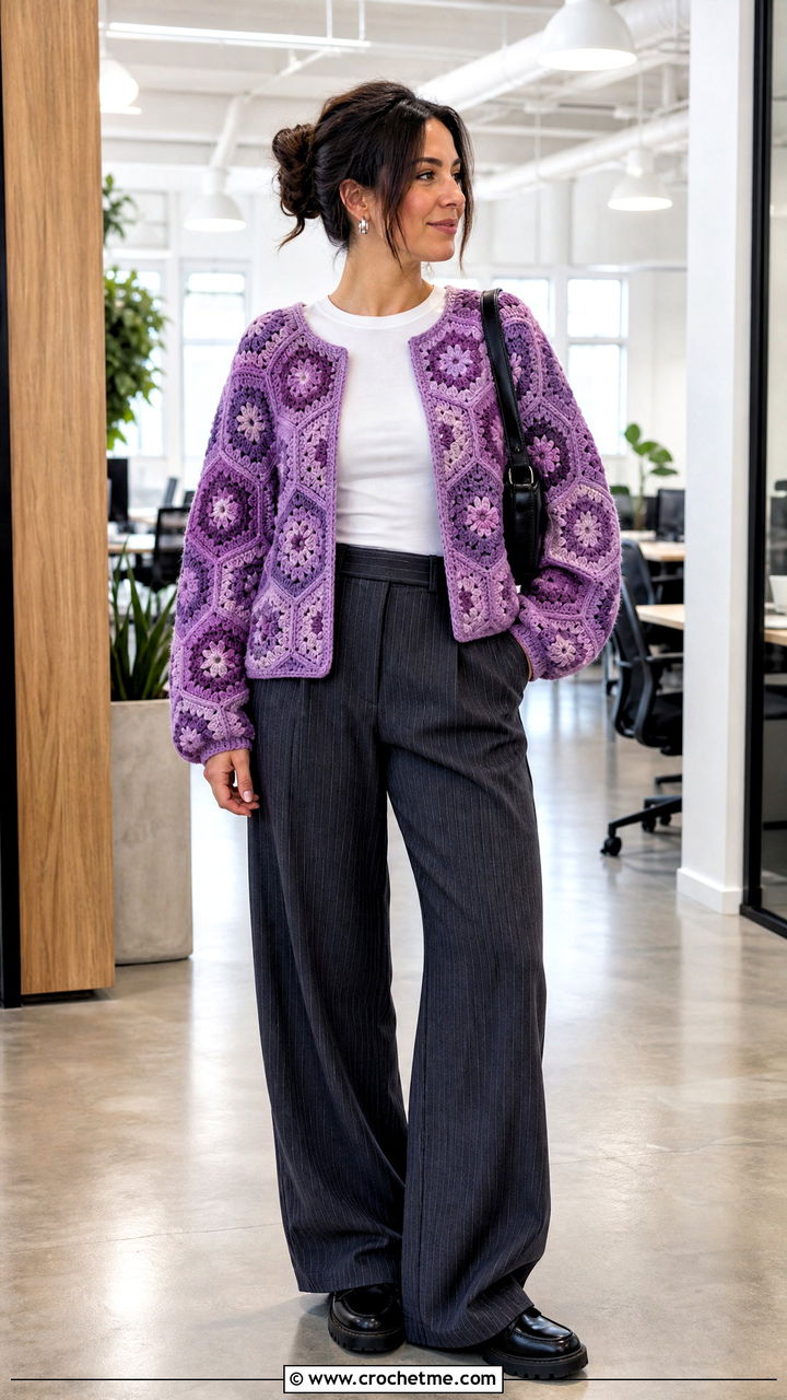 Drop Shoulder Hexagon Granny Square Cardigan With Pinstripe Pants - 35 hexagon granny square cardigan outfit ideas