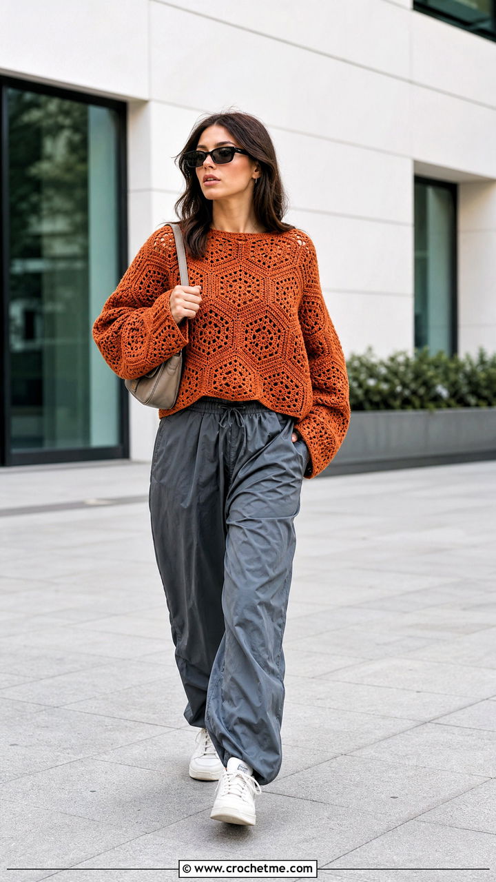 Drop Shoulder Hexagon Pullover With Parachute Pants - 35 crochet hexagon pullover outfit ideas