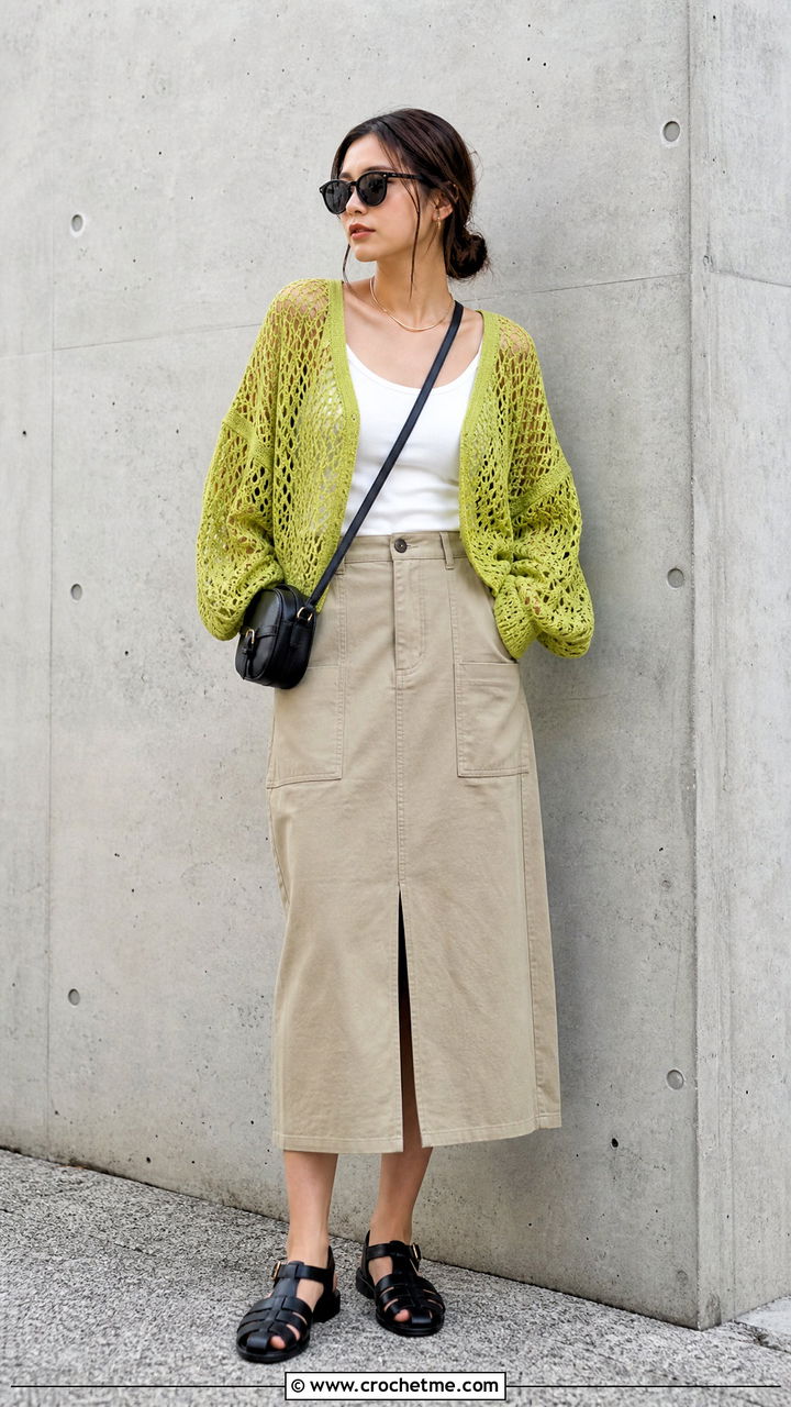 Drop Shoulder Lace Cardigan With Utility Skirt - 35 crochet lace cardigan outfit ideas