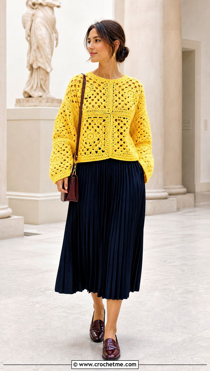 Drop Shoulder Large Granny Square Sweater With Pleated Midi Skirt - 35 large granny square sweater outfit ideas