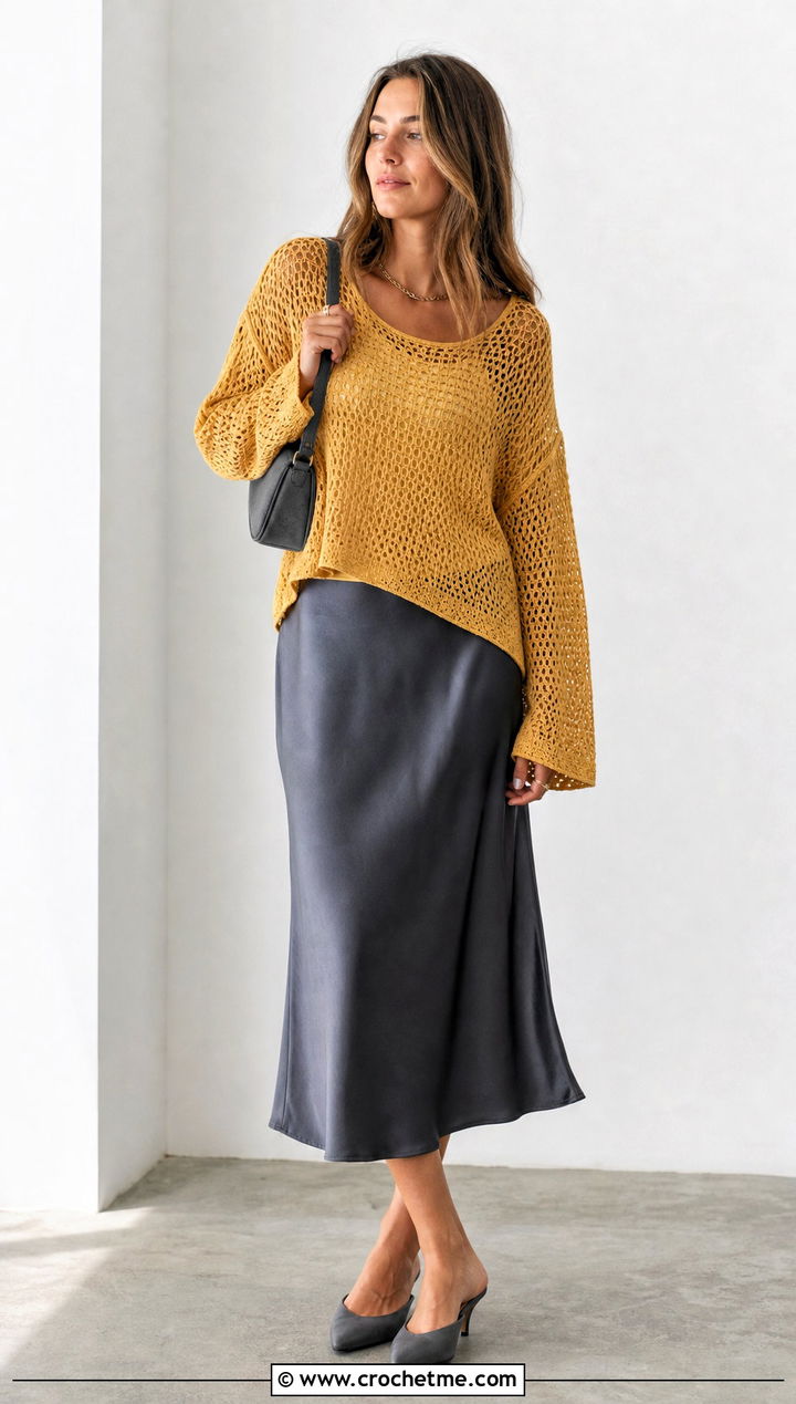 Drop Shoulder Long Sleeve Crochet Top With Bias Cut Skirt - 35 crochet tops with sleeves outfit ideas