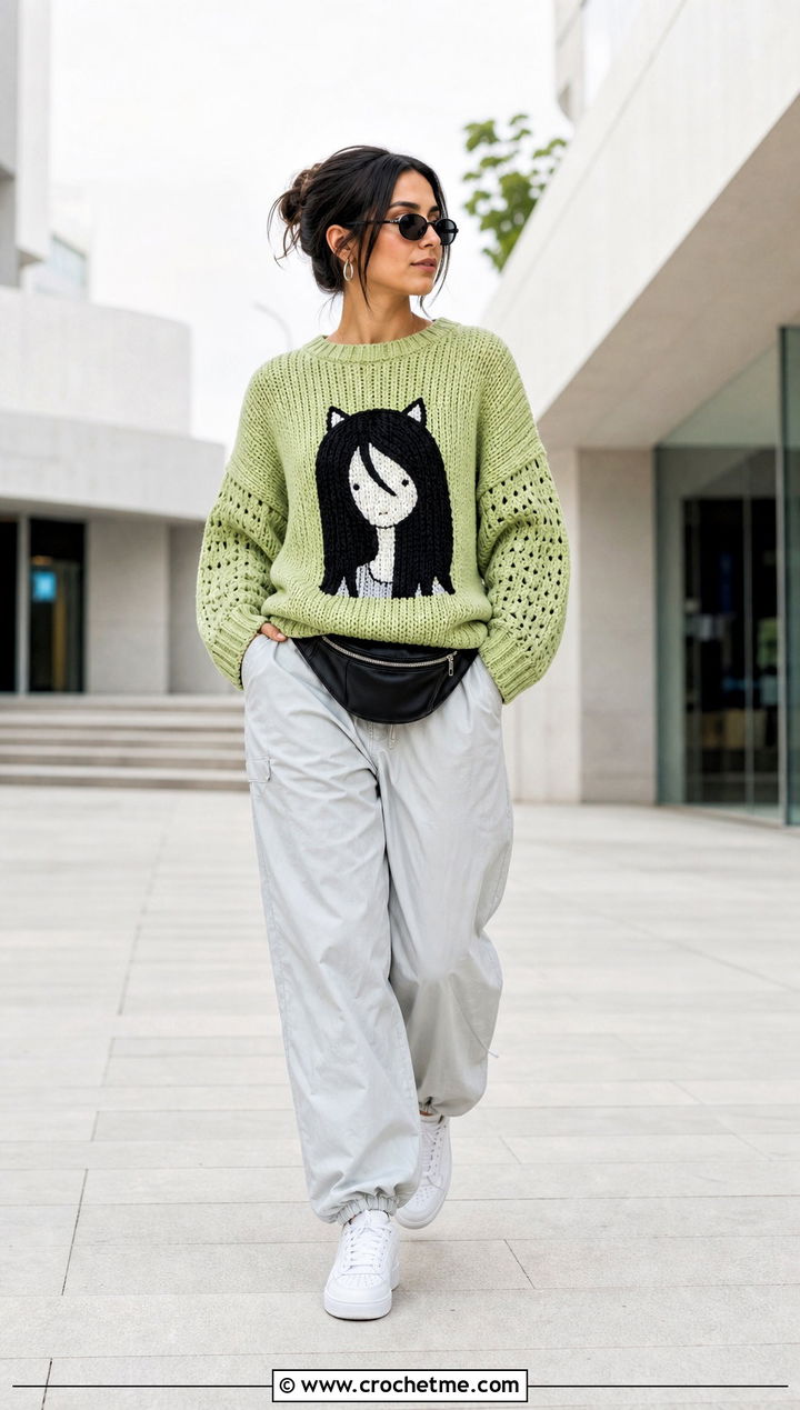 Drop Shoulder Marceline Cat Sweater With Parachute Pants - 30 crochet marceline sweater outfit ideas