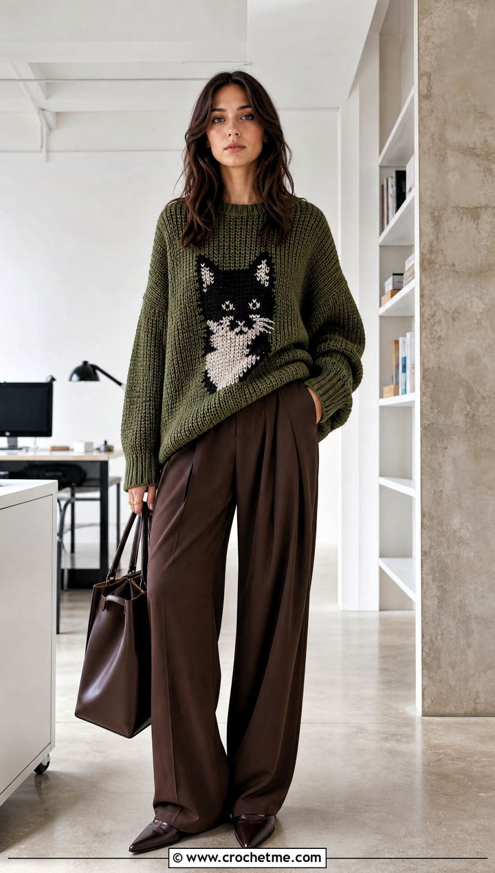 Drop Shoulder Marceline Cat Sweater With Suit Pants - 30 crochet marceline sweater outfit ideas