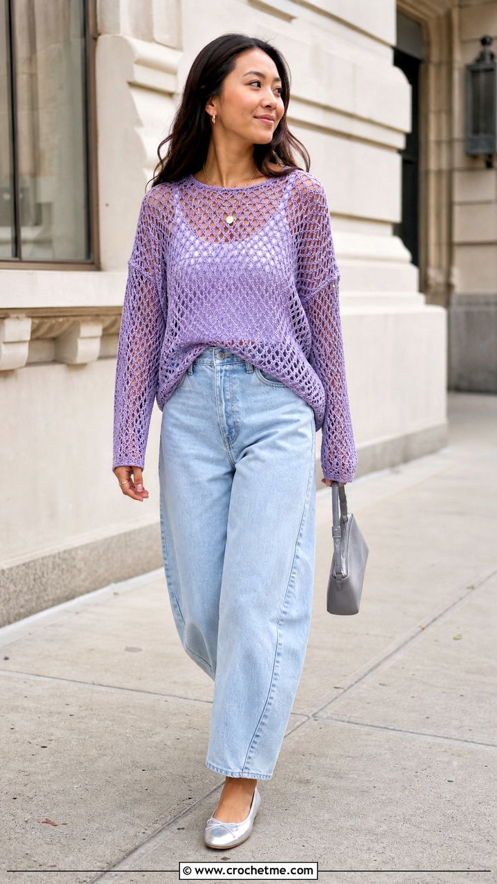 Drop Shoulder Mesh Sweater With Barrel Jeans - 35 crochet net sweater outfit ideas