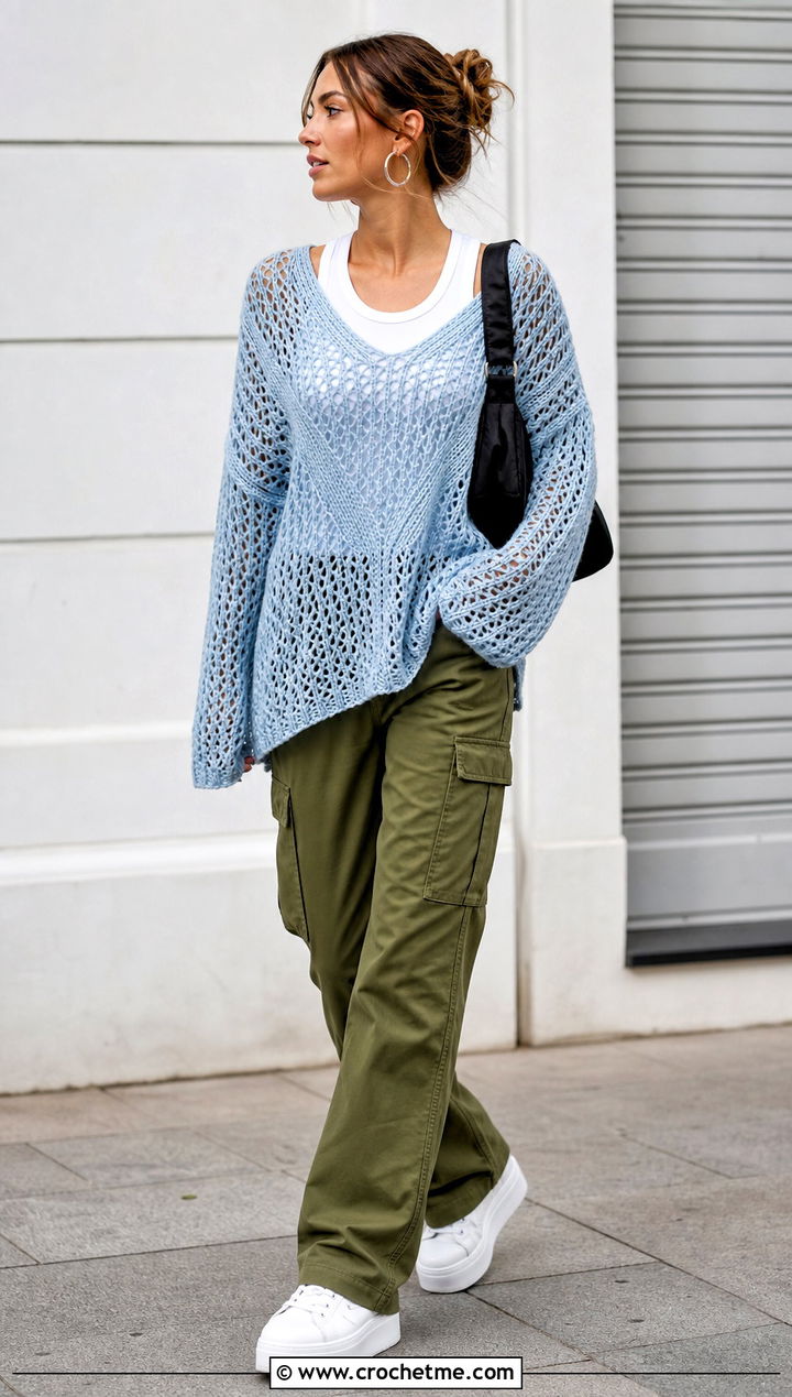 Drop Shoulder Mesh V Stitch Crochet Sweater With Cargo Pants - 25 V Stitch Crochet Sweater outfit ideas