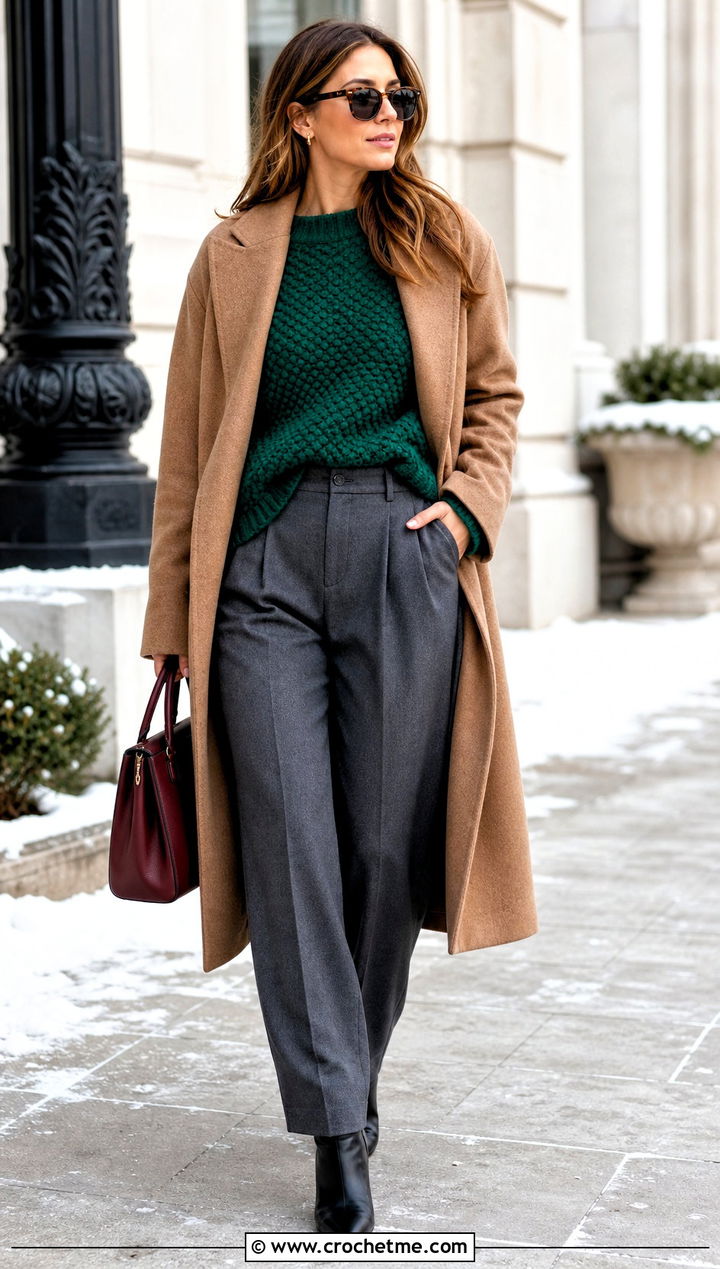 Drop Shoulder Moss Stitch Crochet Sweater With Wool Trousers - 25 Moss Stitch Crochet Sweater outfit ideas