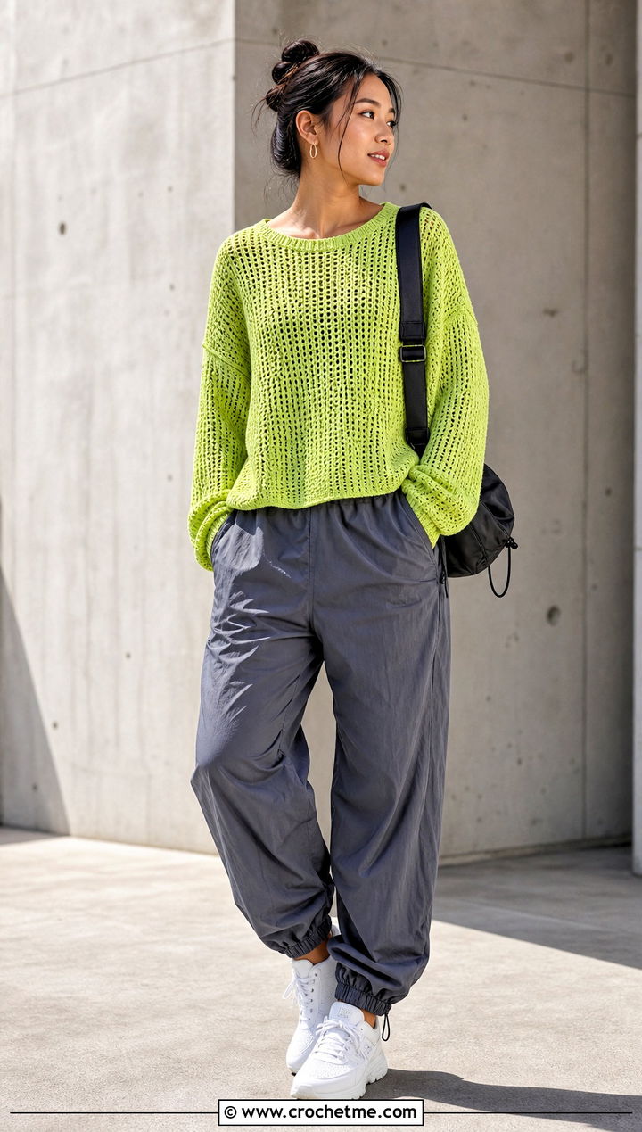 Drop Shoulder One Panel Crochet Sweater With Parachute Pants - 30 One Panel Crochet Sweater outfit ideas
