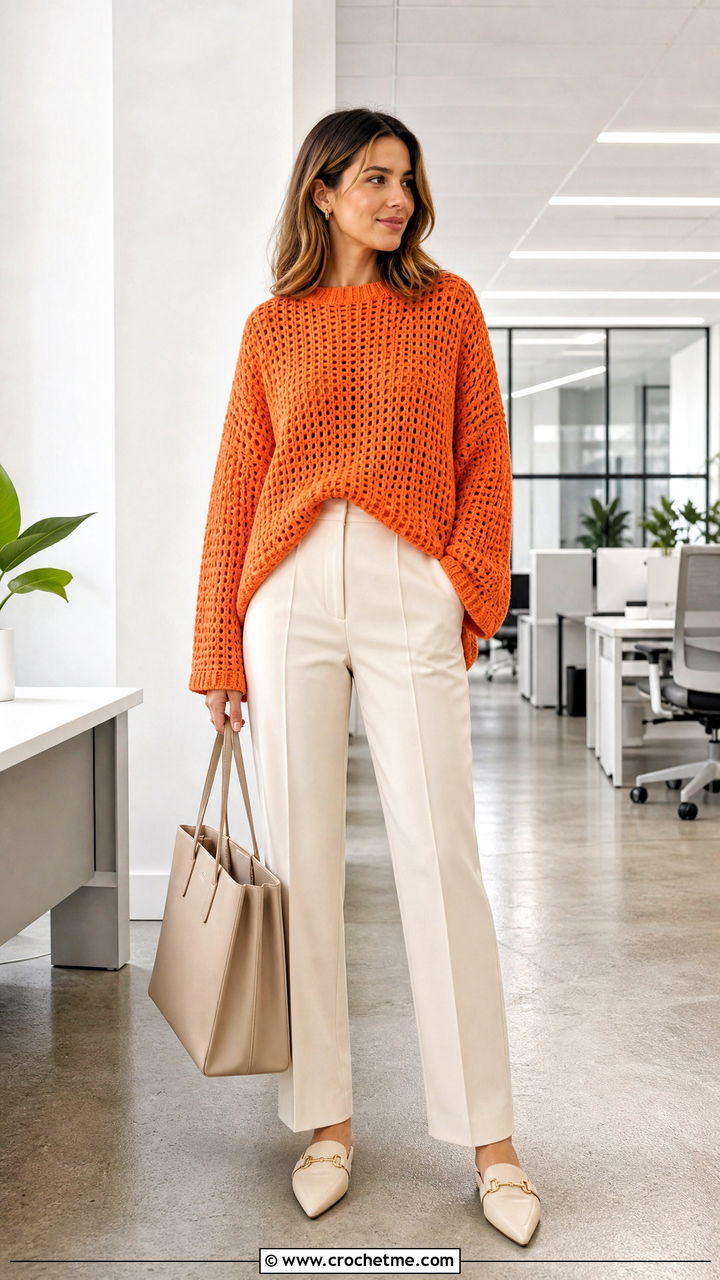 Drop Shoulder Oversized Crochet Sweater With Tailored Trousers - 35 oversized crochet sweater outfit ideas