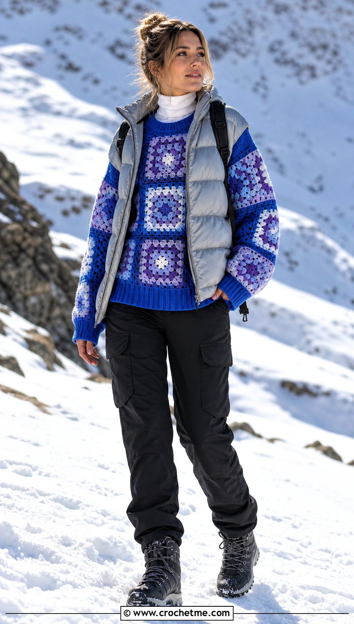 Drop Shoulder Oversized Granny Square Sweater With Puffer Vest - 15 Crochet Oversized Granny Square Sweater outfit ideas