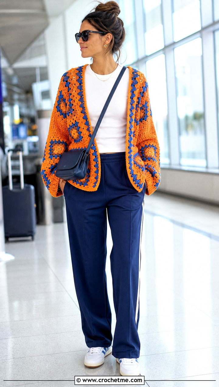 Drop Shoulder Oversized Granny Square Sweater With Track Pants - 30 oversized granny square sweater outfit ideas