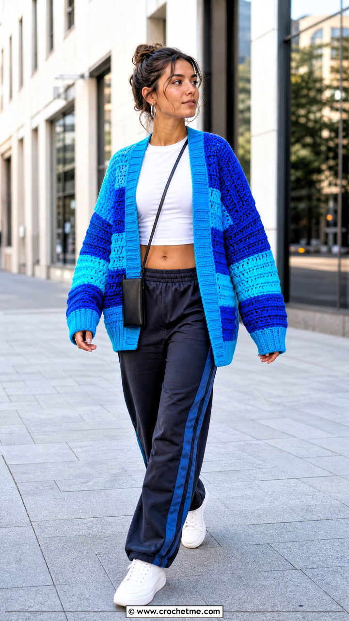 Drop Shoulder Patchwork Cardigan With Track Pants - 35 crochet patchwork cardigan outfit ideas