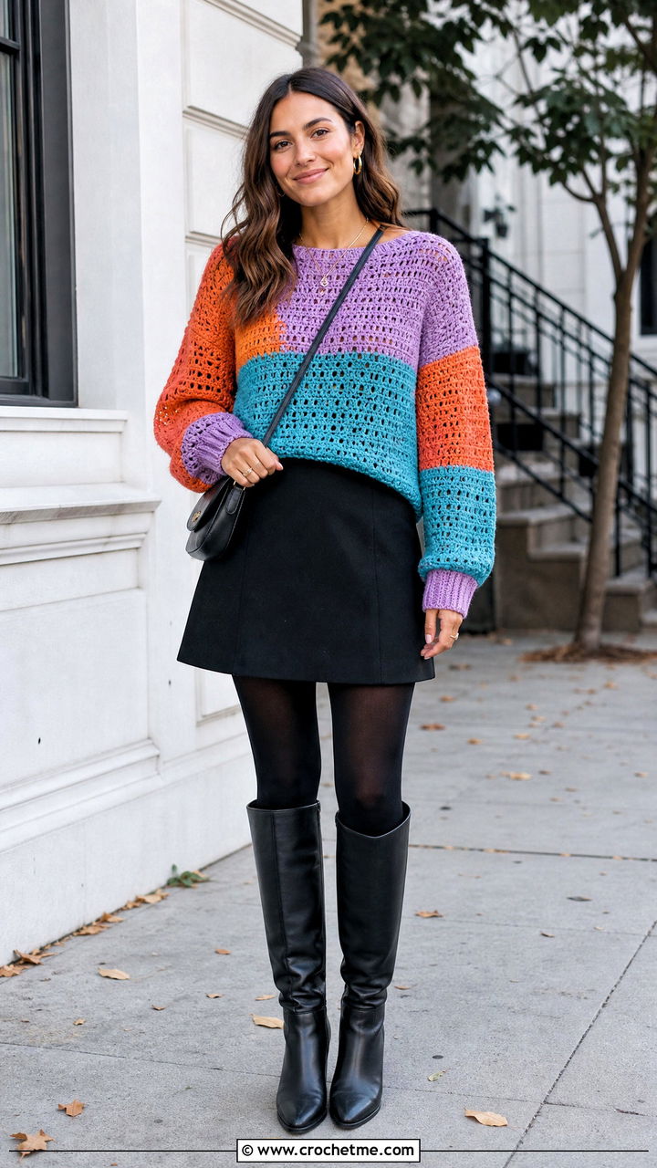Drop Shoulder Patchwork Crochet Sweater With Mini Skirt - 35 patchwork crochet sweater outfit ideas