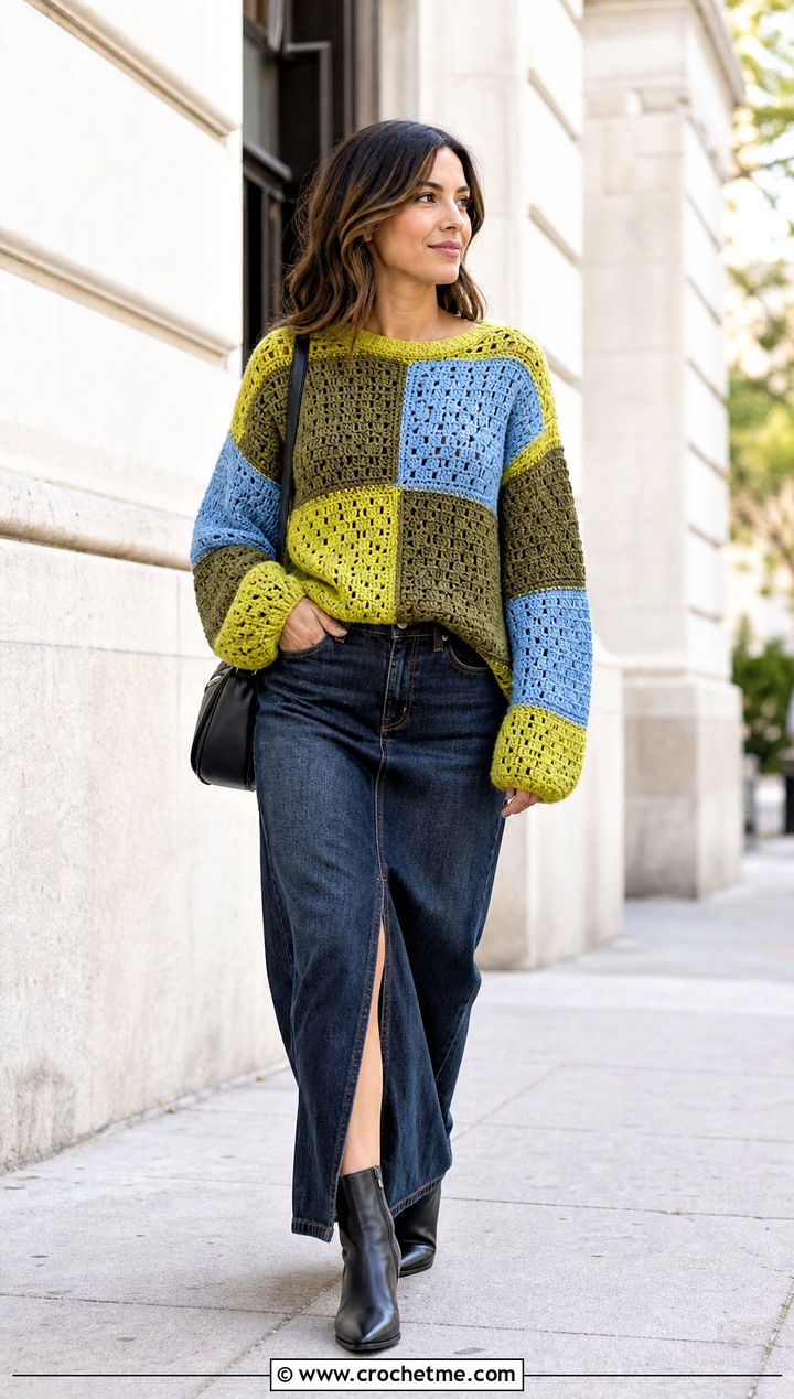 Drop Shoulder Patchwork Jumper With Denim Maxi Skirt - 15 crochet patchwork jumper outfit ideas