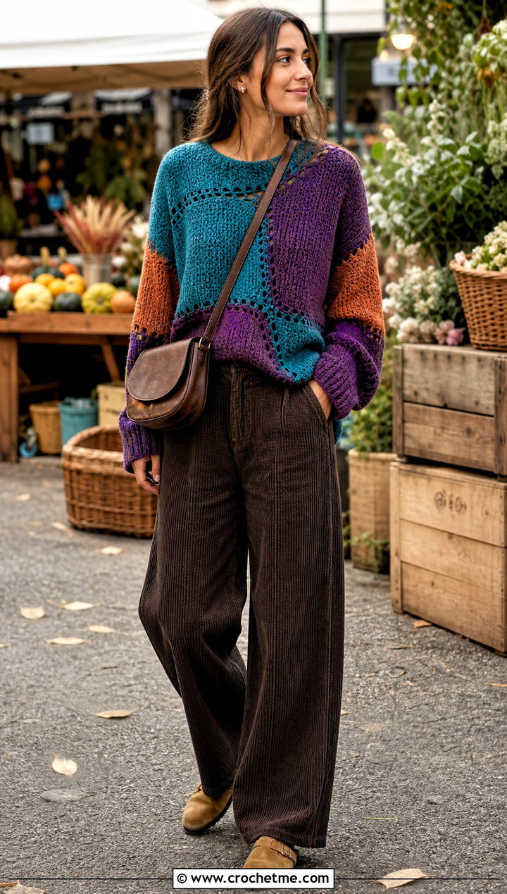 Drop Shoulder Patchwork Sweater With Corduroy Pants - 30 crochet patchwork sweater outfit ideas