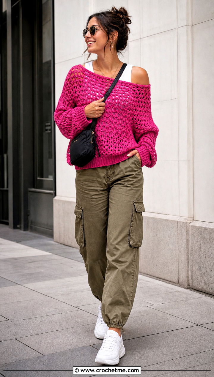 Drop Shoulder Pullover Crochet Sweater With Cargo Pants - 30 Pullover Crochet Sweater outfit ideas
